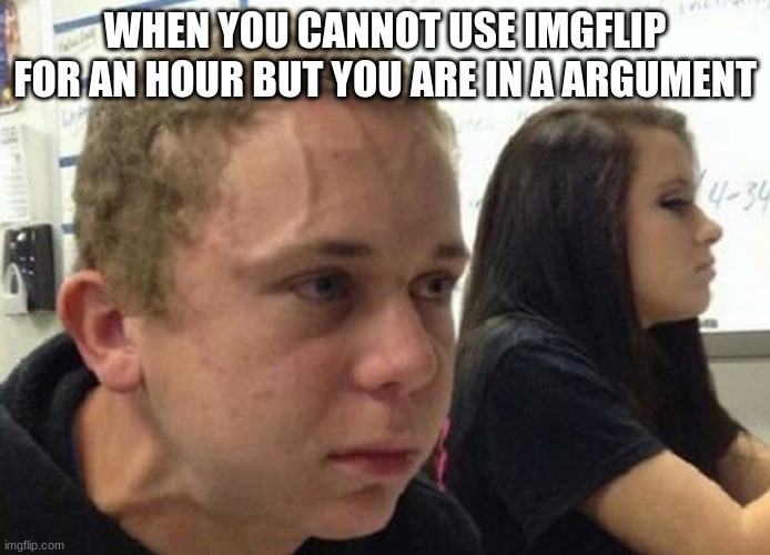 when you meme | WHEN YOU CANNOT USE IMGFLIP FOR AN HOUR BUT YOU ARE IN A ARGUMENT | image tagged in when you haven't told anybody | made w/ Imgflip meme maker
