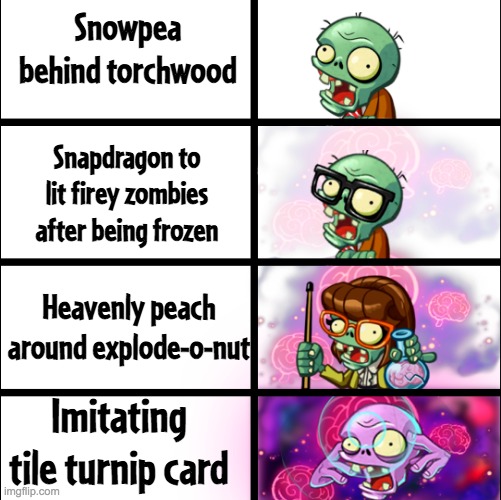 It is not a good idea for use imitator after picking tile turnip | Snowpea behind torchwood; Snapdragon to lit firey zombies after being frozen; Heavenly peach around explode-o-nut; Imitating tile turnip card | image tagged in pvz heroes levels of smort | made w/ Imgflip meme maker