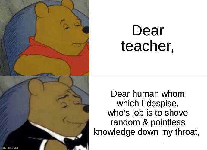 Dear teacher, | Dear teacher, Dear human whom which I despise, who's job is to shove random & pointless knowledge down my throat, | image tagged in memes,tuxedo winnie the pooh | made w/ Imgflip meme maker