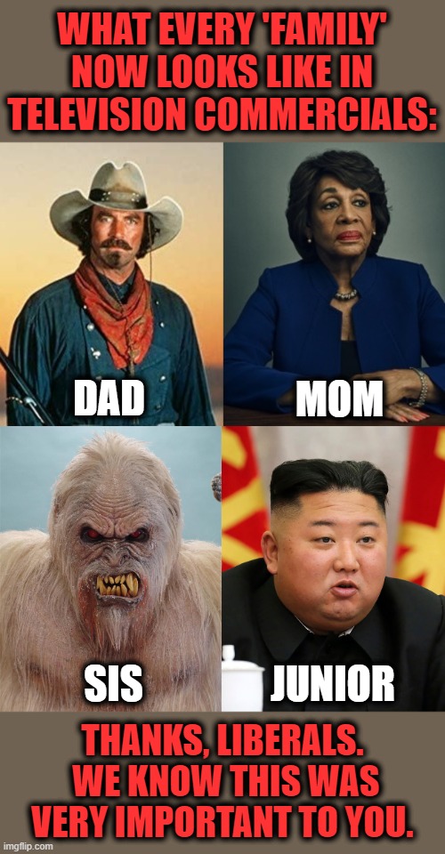 Fun with racial quotas! | WHAT EVERY 'FAMILY' NOW LOOKS LIKE IN TELEVISION COMMERCIALS:; MOM; DAD; SIS; JUNIOR; THANKS, LIBERALS.  WE KNOW THIS WAS VERY IMPORTANT TO YOU. | image tagged in memes,stupid liberals,diversity,television,commercials,racial quotas | made w/ Imgflip meme maker