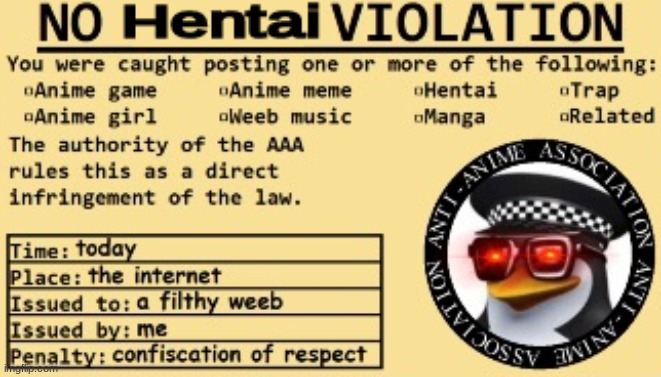 NO HENTAI VIO | image tagged in no hentai vio | made w/ Imgflip meme maker