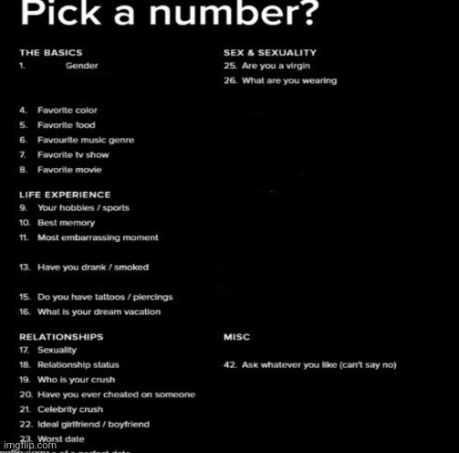 I crossed out the ones that I didnt want to answer or revealed to much info | made w/ Imgflip meme maker