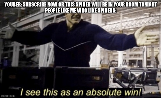 I See This as an Absolute Win! | YOUBER: SUBSCRIBE NOW OR THIS SPIDER WILL BE IN YOUR ROOM TONIGHT
PEOPLE LIKE ME WHO LIKE SPIDERS: | image tagged in i see this as an absolute win | made w/ Imgflip meme maker