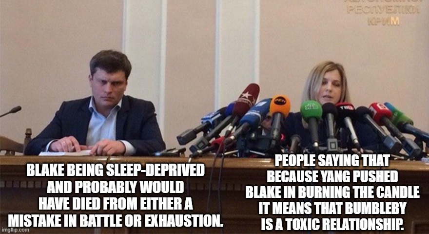 Man and woman microphone | BLAKE BEING SLEEP-DEPRIVED AND PROBABLY WOULD HAVE DIED FROM EITHER A MISTAKE IN BATTLE OR EXHAUSTION. PEOPLE SAYING THAT BECAUSE YANG PUSHED BLAKE IN BURNING THE CANDLE IT MEANS THAT BUMBLEBY IS A TOXIC RELATIONSHIP. | image tagged in man and woman microphone,rwby | made w/ Imgflip meme maker
