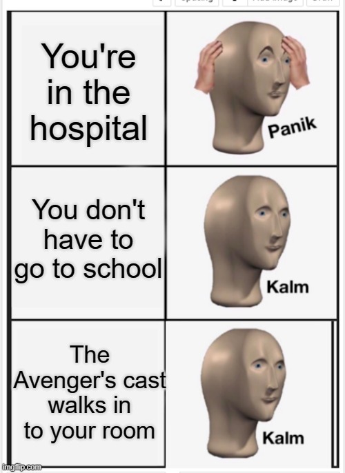 plot twist!!!!! | You're in the hospital; You don't have to go to school; The Avenger's cast walks in to your room | image tagged in panik kalm kalm | made w/ Imgflip meme maker