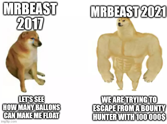 MRBEAST 2021 | MRBEAST 2021; MRBEAST 2017; LET'S SEE HOW MANY BALLONS CAN MAKE ME FLOAT; WE ARE TRYING TO ESCAPE FROM A BOUNTY HUNTER WITH 100 000$ | image tagged in buff doge vs cheems reversed | made w/ Imgflip meme maker