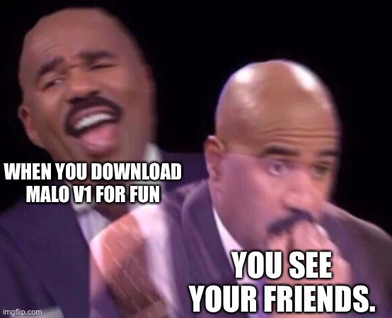 Oh no | WHEN YOU DOWNLOAD MALO V1 FOR FUN; YOU SEE YOUR FRIENDS. | image tagged in steve harvey laughing serious | made w/ Imgflip meme maker