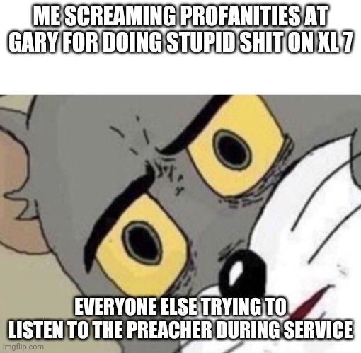 Me: Everyone else: | ME SCREAMING PROFANITIES AT GARY FOR DOING STUPID SHIT ON XL 7; EVERYONE ELSE TRYING TO LISTEN TO THE PREACHER DURING SERVICE | image tagged in me everyone else | made w/ Imgflip meme maker