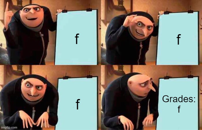 Gru's Plan | f; f; f; Grades: f | image tagged in memes,gru's plan | made w/ Imgflip meme maker