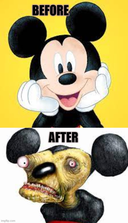 Mickey before and after drugs (WARNING SAD!) | BEFORE; AFTER | image tagged in mickey mouse,sigh,funny,funny memes,before and after,don't do drugs | made w/ Imgflip meme maker