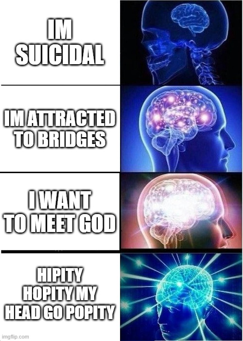 p o p | IM SUICIDAL; IM ATTRACTED TO BRIDGES; I WANT TO MEET GOD; HIPITY HOPITY MY HEAD GO POPITY | image tagged in memes,expanding brain | made w/ Imgflip meme maker