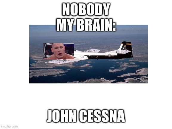 John Cessna | NOBODY
MY BRAIN:; JOHN CESSNA | image tagged in blank white template,airplane,john cena | made w/ Imgflip meme maker