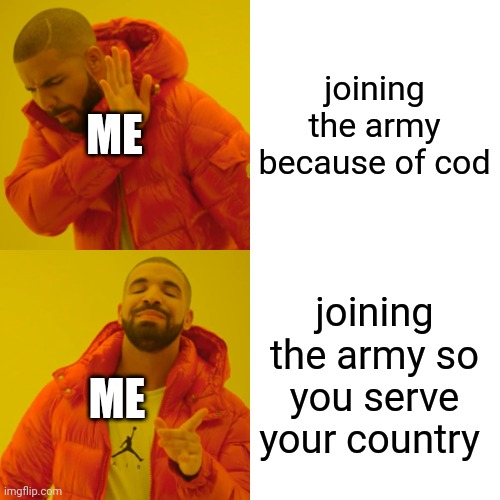 Drake Hotline Bling | joining the army because of cod; ME; joining the army so you serve your country; ME | image tagged in memes,drake hotline bling | made w/ Imgflip meme maker