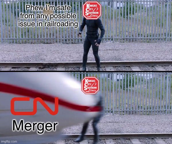 Hit by train | Phew I’m safe from any possible issue in railroading; Merger | image tagged in hit by train | made w/ Imgflip meme maker