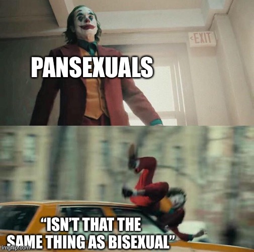 Joaquin Phoenix Joker Car | PANSEXUALS; “ISN’T THAT THE SAME THING AS BISEXUAL” | image tagged in joaquin phoenix joker car,pansexual,bisexual,lgbtq,lgbt | made w/ Imgflip meme maker