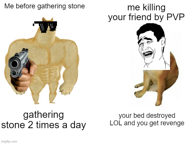 aaaaaaaaaaa | Me before gathering stone; me killing your friend by PVP; gathering stone 2 times a day; your bed destroyed LOL and you get revenge | image tagged in memes,buff doge vs cheems | made w/ Imgflip meme maker