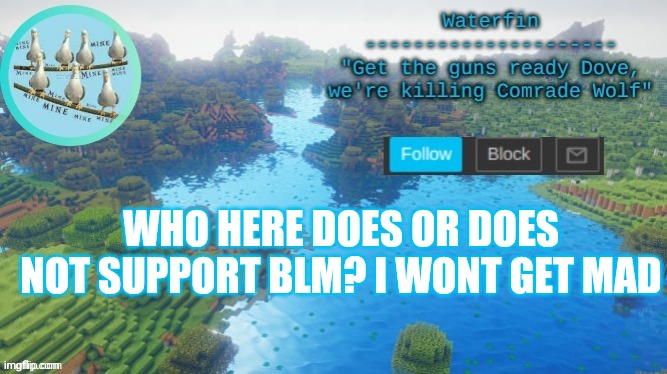 *me about to make some fights* | WHO HERE DOES OR DOES NOT SUPPORT BLM? I WONT GET MAD | image tagged in waterfins template | made w/ Imgflip meme maker