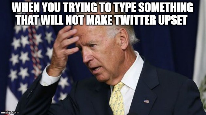 Joe Biden worries | WHEN YOU TRYING TO TYPE SOMETHING THAT WILL NOT MAKE TWITTER UPSET | image tagged in joe biden worries | made w/ Imgflip meme maker