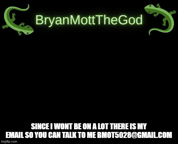 lizard Bryan bigger | SINCE I WONT BE ON A LOT THERE IS MY EMAIL SO YOU CAN TALK TO ME BMOT5028@GMAIL.COM | image tagged in lizard bryan bigger | made w/ Imgflip meme maker