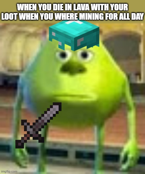 Sully Wazowski | WHEN YOU DIE IN LAVA WITH YOUR LOOT WHEN YOU WHERE MINING FOR ALL DAY | image tagged in sully wazowski | made w/ Imgflip meme maker