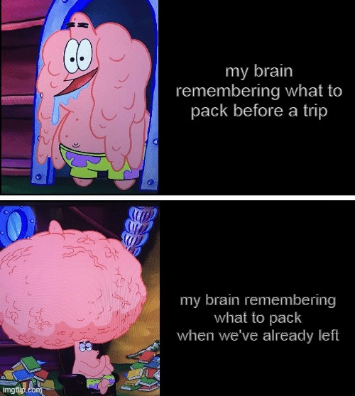 my brain loves messing with me | my brain remembering what to pack before a trip; my brain remembering what to pack when we've already left | image tagged in memes | made w/ Imgflip meme maker