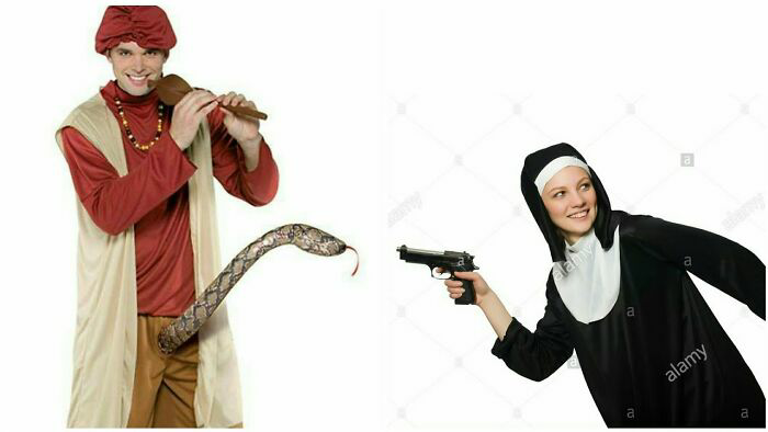 High Quality Weird stock photos 3 creepy snake charmer nun with gun Blank Meme Template