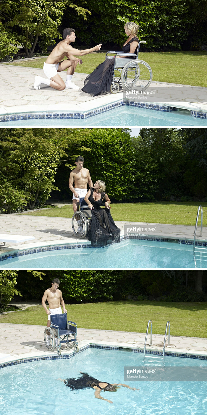 Weird stock photos 5 man pushing woman in wheelchair pool sequen Blank Meme Template