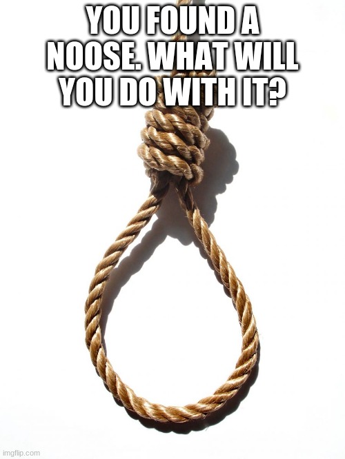 /Users/davidkennedy/Desktop/hangmans-noose.jpg | YOU FOUND A NOOSE. WHAT WILL YOU DO WITH IT? | image tagged in /users/davidkennedy/desktop/hangmans-noose jpg | made w/ Imgflip meme maker