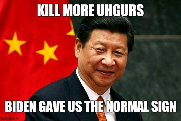 One of the darkest moves of the US post-2010 | KILL MORE UHGURS; BIDEN GAVE US THE NORMAL SIGN | image tagged in xi jinping,no hate | made w/ Imgflip meme maker