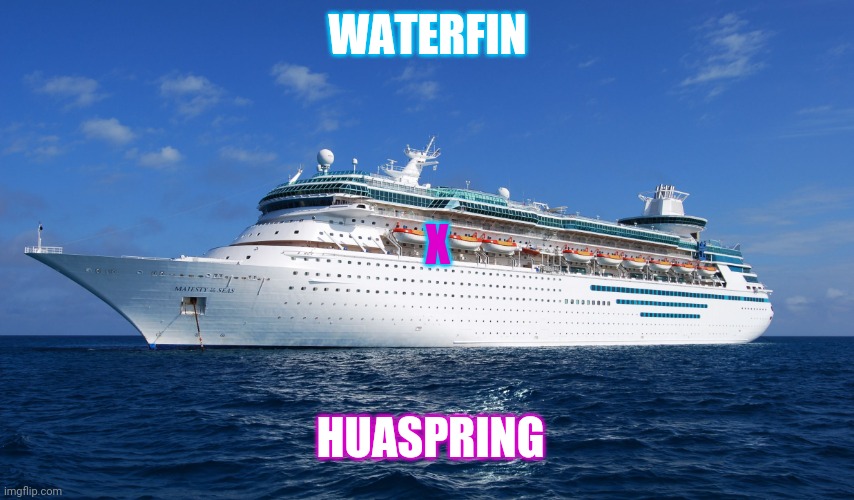 Pls | WATERFIN; X; HUASPRING | image tagged in cruise ship | made w/ Imgflip meme maker