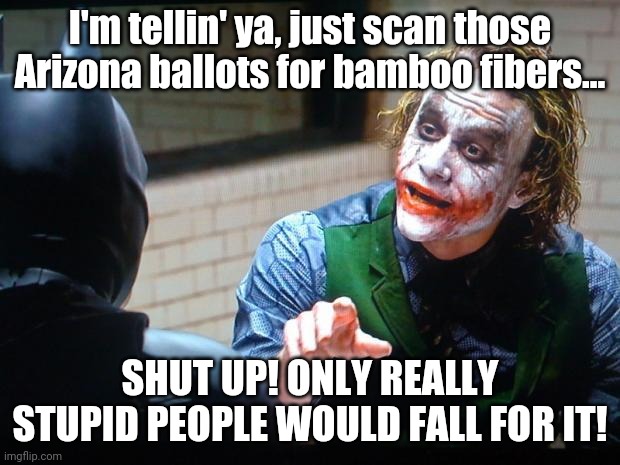 Joker Bamboo | I'm tellin' ya, just scan those Arizona ballots for bamboo fibers... SHUT UP! ONLY REALLY STUPID PEOPLE WOULD FALL FOR IT! | image tagged in the joker | made w/ Imgflip meme maker