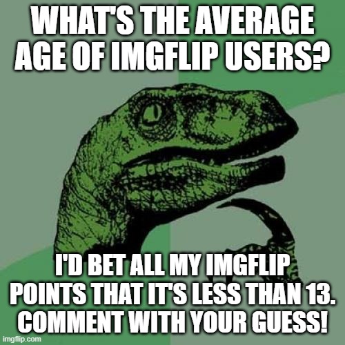 What do you guys think? | WHAT'S THE AVERAGE AGE OF IMGFLIP USERS? I'D BET ALL MY IMGFLIP POINTS THAT IT'S LESS THAN 13.
COMMENT WITH YOUR GUESS! | image tagged in memes,philosoraptor,poll,underage | made w/ Imgflip meme maker