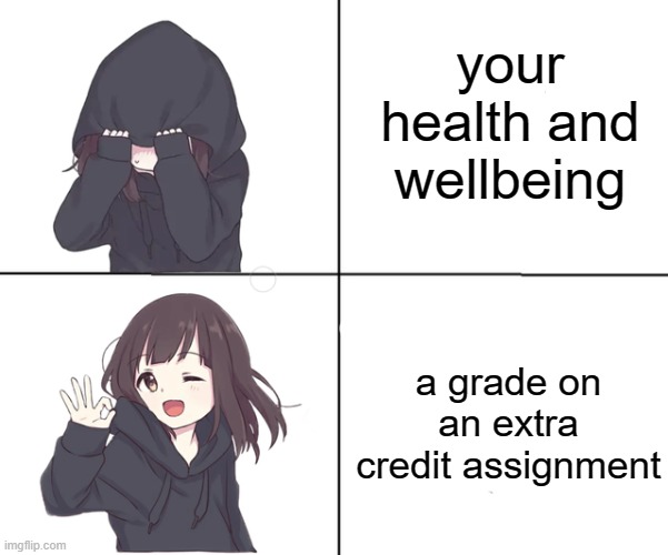 What Most Parents Care About | your health and wellbeing; a grade on an extra credit assignment | image tagged in anime girl hotline bling,wellbeing,relatable,saddening truth | made w/ Imgflip meme maker
