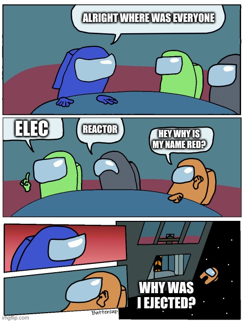 Among Us Meeting | ALRIGHT WHERE WAS EVERYONE; ELEC; REACTOR; HEY WHY IS MY NAME RED? WHY WAS I EJECTED? | image tagged in among us meeting | made w/ Imgflip meme maker