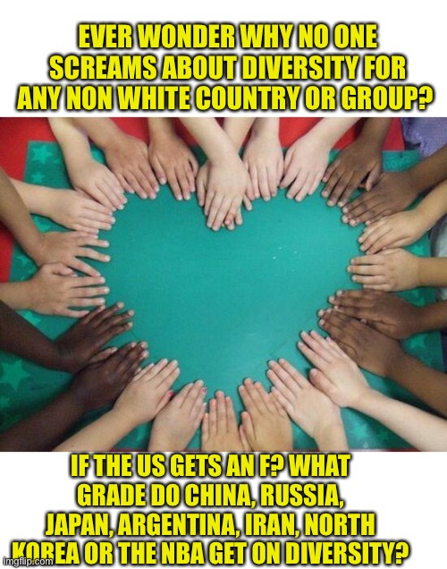 Diversity is Targeted | EVER WONDER WHY NO ONE SCREAMS ABOUT DIVERSITY FOR ANY NON WHITE COUNTRY OR GROUP? IF THE US GETS AN F? WHAT GRADE DO CHINA, RUSSIA, JAPAN, ARGENTINA, IRAN, NORTH KOREA OR THE NBA GET ON DIVERSITY? | image tagged in diversity,hater,democratic socialism,leftists,communist socialist | made w/ Imgflip meme maker
