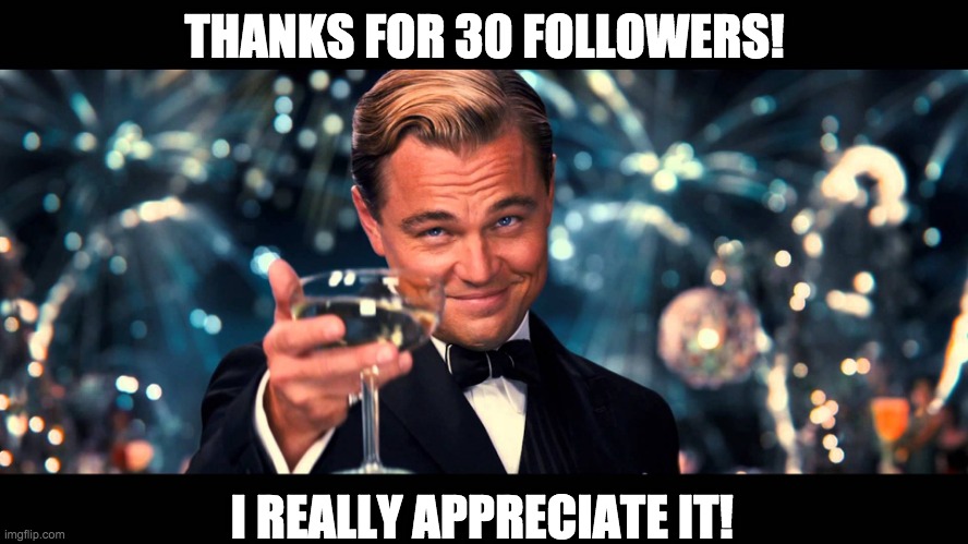 1 year anniversary coming up as well, its all happening! | THANKS FOR 30 FOLLOWERS! I REALLY APPRECIATE IT! | image tagged in lionardo dicaprio thank you,memes,unfunny | made w/ Imgflip meme maker