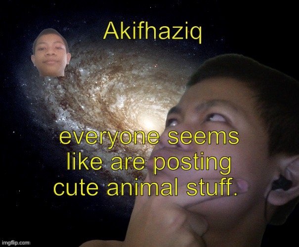 Akifhaziq template | everyone seems like are posting cute animal stuff. | image tagged in akifhaziq template | made w/ Imgflip meme maker