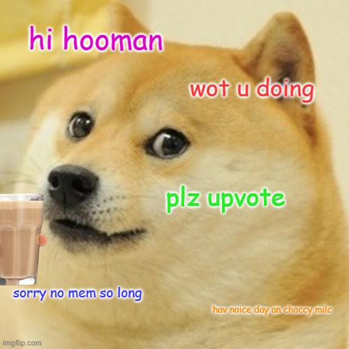 hope this will do. | hi hooman; wot u doing; plz upvote; sorry no mem so long; hav noice day an choccy milc | image tagged in memes,doge | made w/ Imgflip meme maker