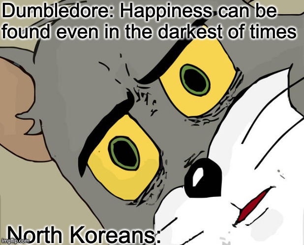 North Korea | Dumbledore: Happiness can be found even in the darkest of times; North Koreans: | image tagged in memes,unsettled tom | made w/ Imgflip meme maker