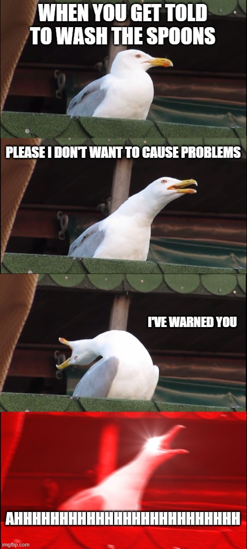 Inhaling Seagull Meme | WHEN YOU GET TOLD TO WASH THE SPOONS; PLEASE I DON'T WANT TO CAUSE PROBLEMS; I'VE WARNED YOU; AHHHHHHHHHHHHHHHHHHHHHHHHH | image tagged in memes,inhaling seagull | made w/ Imgflip meme maker