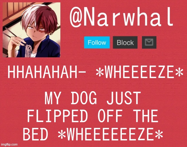 he wus tryna turn around but rolled off lmfaooo- | MY DOG JUST FLIPPED OFF THE BED *WHEEEEEEZE*; HHAHAHAH- *WHEEEEZE* | image tagged in shoto narwhal announcement temp | made w/ Imgflip meme maker