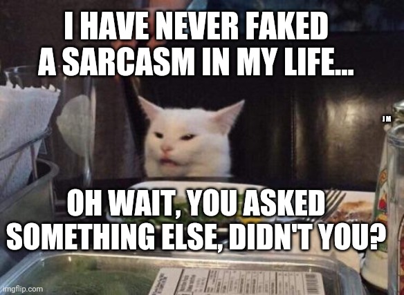 Salad cat | I HAVE NEVER FAKED A SARCASM IN MY LIFE... J M; OH WAIT, YOU ASKED SOMETHING ELSE, DIDN'T YOU? | image tagged in salad cat | made w/ Imgflip meme maker