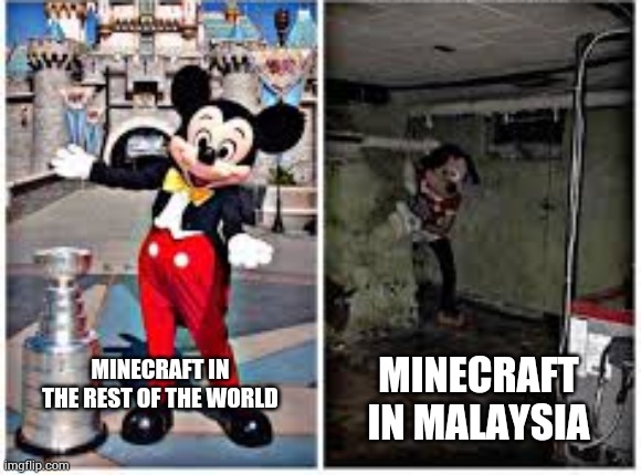 Please support me because almost nobody likes Minecraft in my country. | MINECRAFT IN MALAYSIA; MINECRAFT IN THE REST OF THE WORLD | image tagged in mickey mouse in disneyland | made w/ Imgflip meme maker