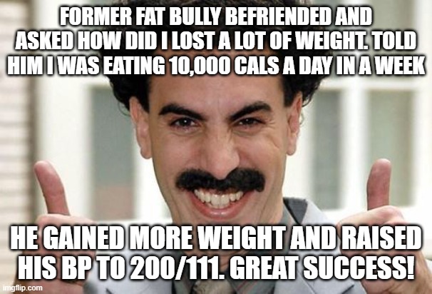 mercy is for the weak | FORMER FAT BULLY BEFRIENDED AND ASKED HOW DID I LOST A LOT OF WEIGHT. TOLD HIM I WAS EATING 10,000 CALS A DAY IN A WEEK; HE GAINED MORE WEIGHT AND RAISED HIS BP TO 200/111. GREAT SUCCESS! | image tagged in great success | made w/ Imgflip meme maker