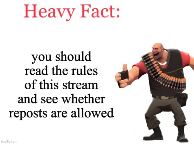 Heavy fact | you should read the rules of this stream and see whether reposts are allowed | image tagged in heavy fact | made w/ Imgflip meme maker