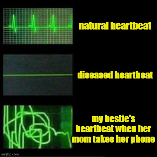 memes | natural heartbeat; diseased heartbeat; my bestie's heartbeat when her mom takes her phone | image tagged in memes,funny memes,hahaha,so true memes,funny because it's true,good memes | made w/ Imgflip meme maker