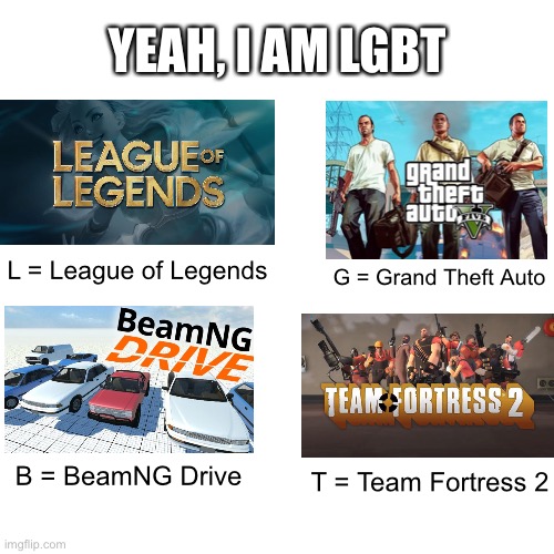 Its a joke. I’m not homophobic. | YEAH, I AM LGBT; L = League of Legends; G = Grand Theft Auto; B = BeamNG Drive; T = Team Fortress 2 | image tagged in memes,blank transparent square,gta,team fortress 2,league of legends | made w/ Imgflip meme maker