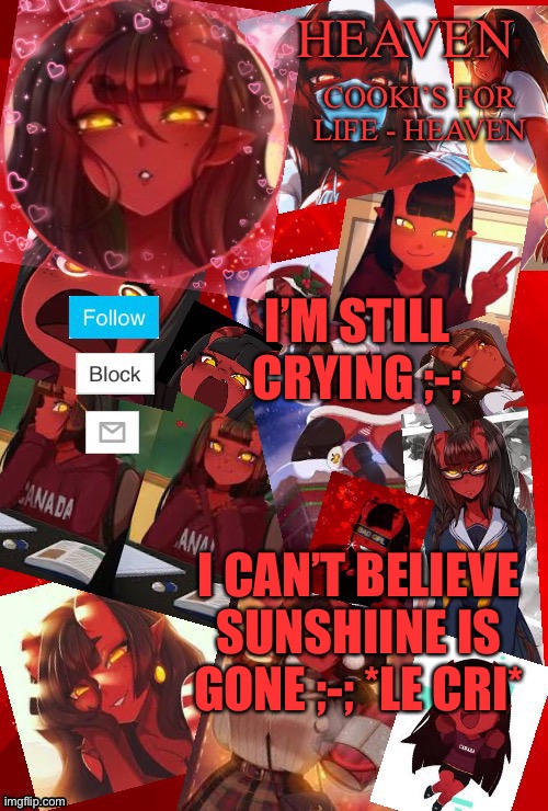 *sad* also good morning ;-; | I’M STILL CRYING ;-;; I CAN’T BELIEVE SUNSHIINE IS GONE ;-; *LE CRI* | image tagged in heaven meru | made w/ Imgflip meme maker