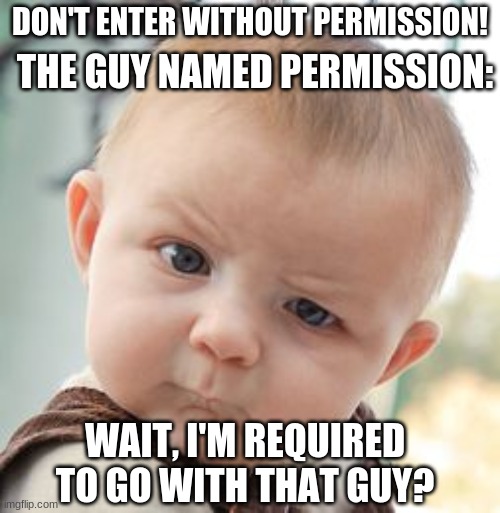 Skeptical Baby | THE GUY NAMED PERMISSION:; DON'T ENTER WITHOUT PERMISSION! WAIT, I'M REQUIRED TO GO WITH THAT GUY? | image tagged in memes,skeptical baby | made w/ Imgflip meme maker