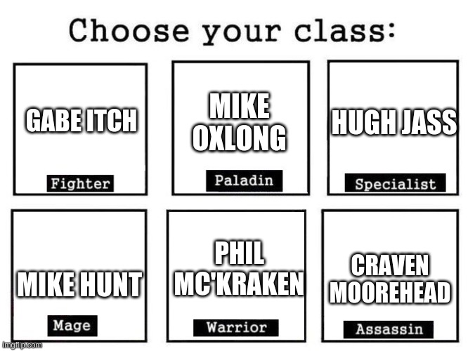dont say any of the names out loud | HUGH JASS; MIKE OXLONG; GABE ITCH; PHIL MC'KRAKEN; CRAVEN MOOREHEAD; MIKE HUNT | image tagged in choose your fighter | made w/ Imgflip meme maker